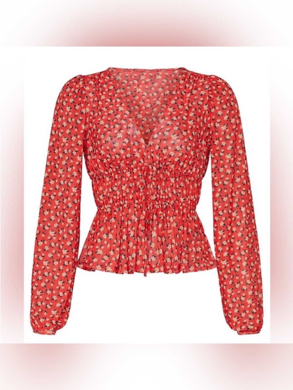 LOUNA Red Floral Daisy Long Sleeve Mesh Top